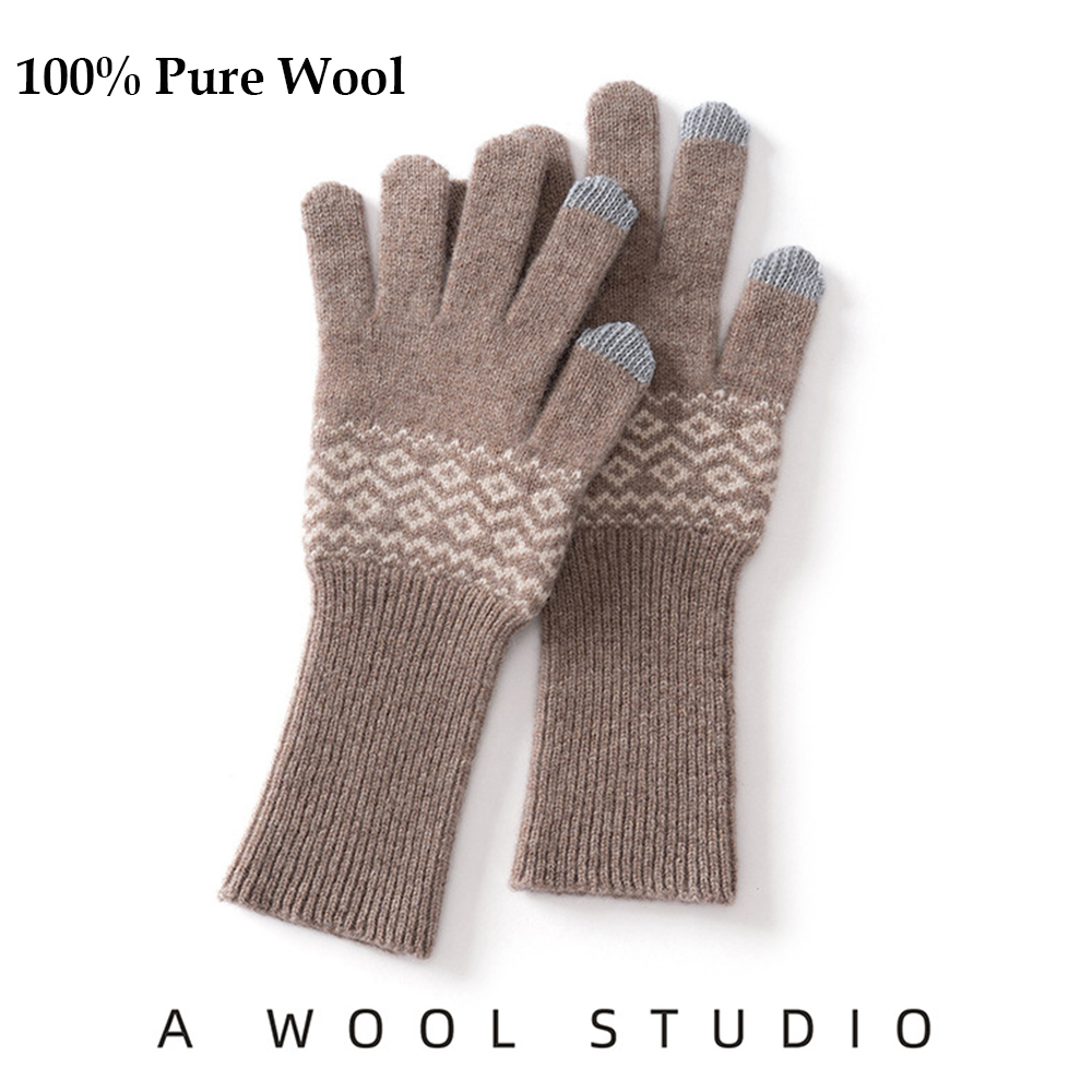 Winter Cycling Commute - 100 % Woll-Touchscreen-Handschuhe, klassisches Muster, für